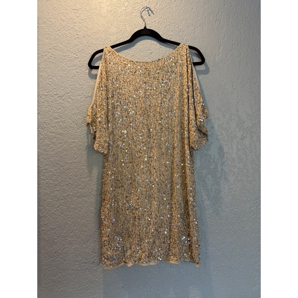 Aidan Mattox Champagne Gold Sequin Cold Shoulder Shift Dress Size 2 Formal